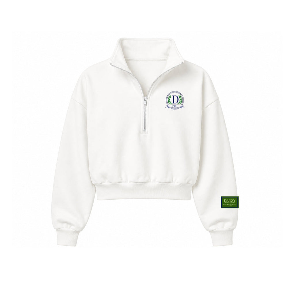 Danzy Tennis Club Quarter Zip Cotton Pullover Sweatshirt (White)